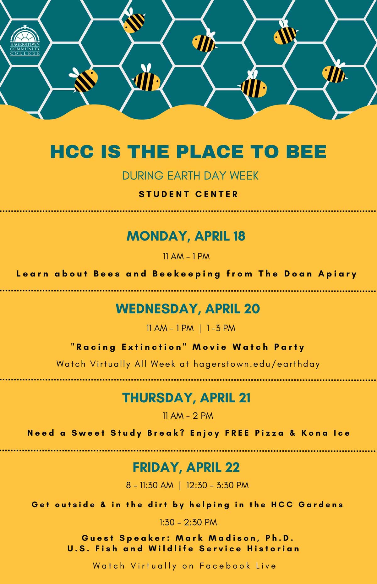HCC is the Place to Bee on Earth Day 2022. Click here to learn more abou the events planned for this week.