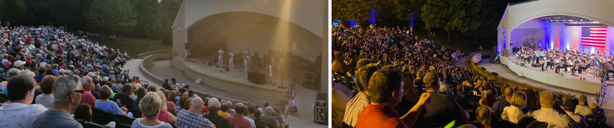 Two pictures of the HCC Alumni Amphitheater with full seats during two concerts. One concert during the day and the other at night.
