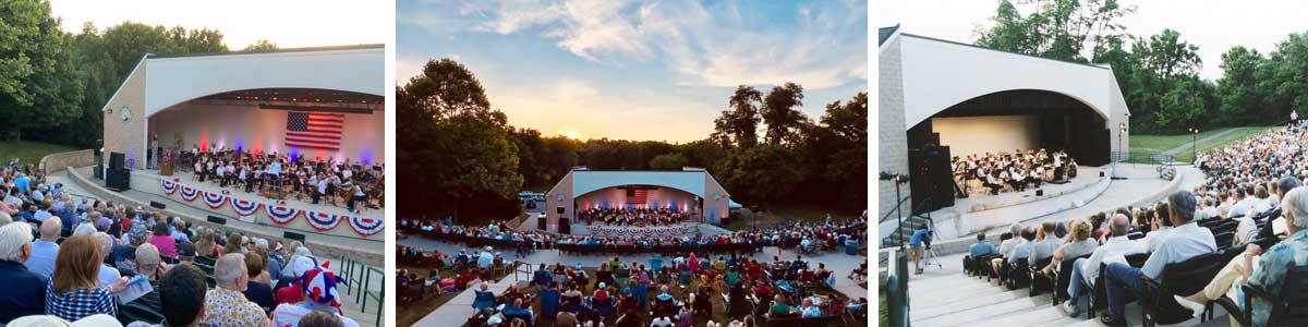Photo collage of different concerts taking place in the Alumni Amphitheater