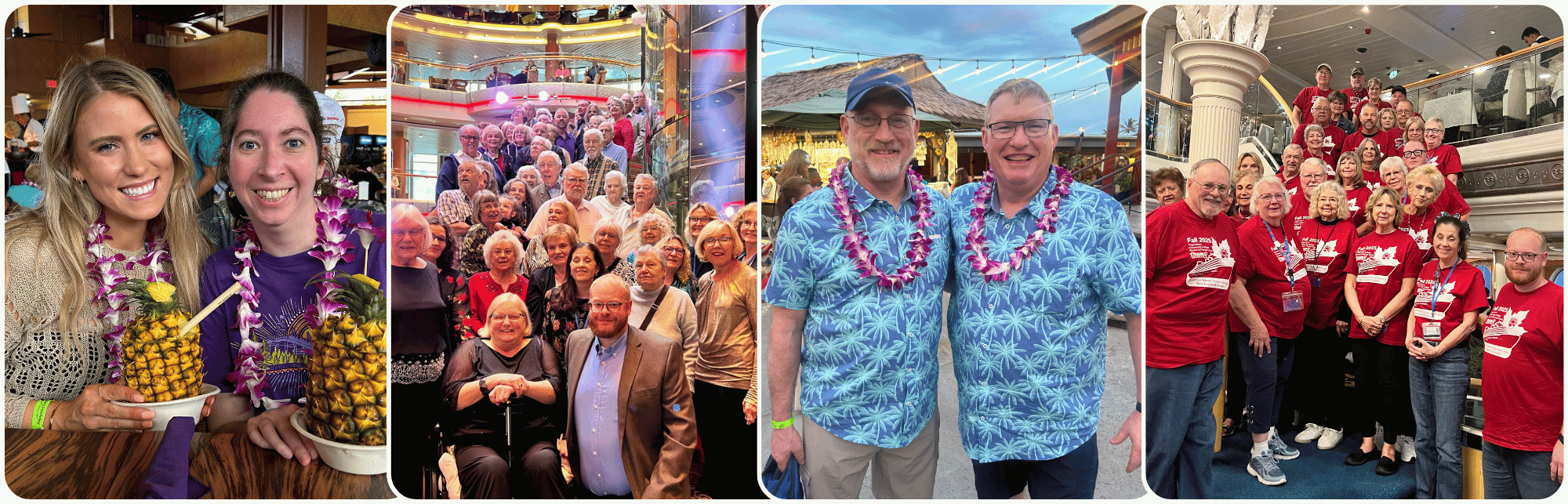 HCC Cruise goers enjoying pineapple drinks, matching shirts and group photo fun on an HCC Alumni cruise