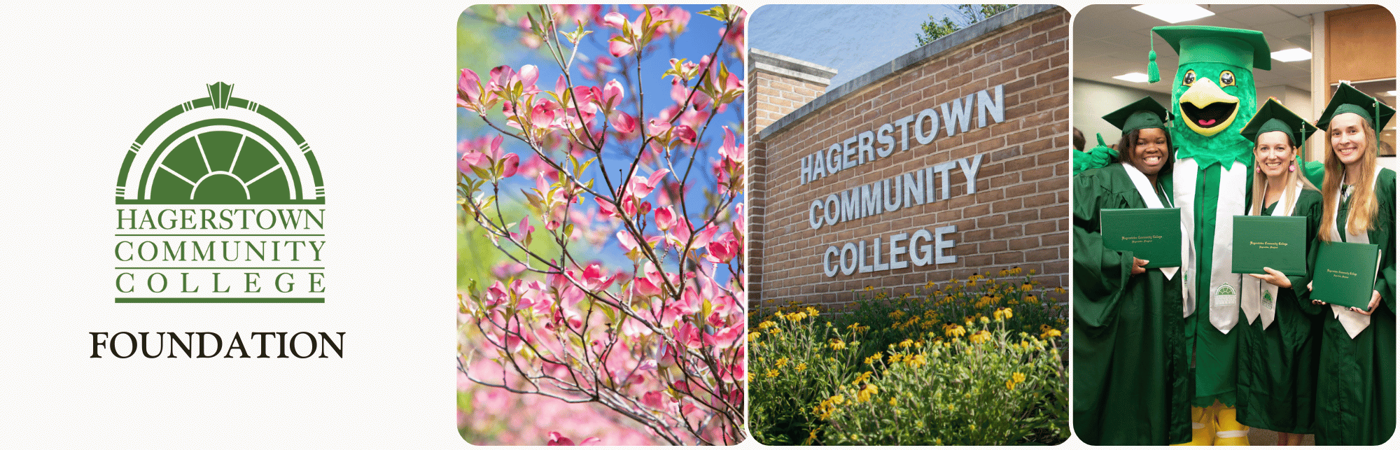 HCC Foundation Logo, pink flowers, HCC sign, HCC graduates smiling with Hawkeye