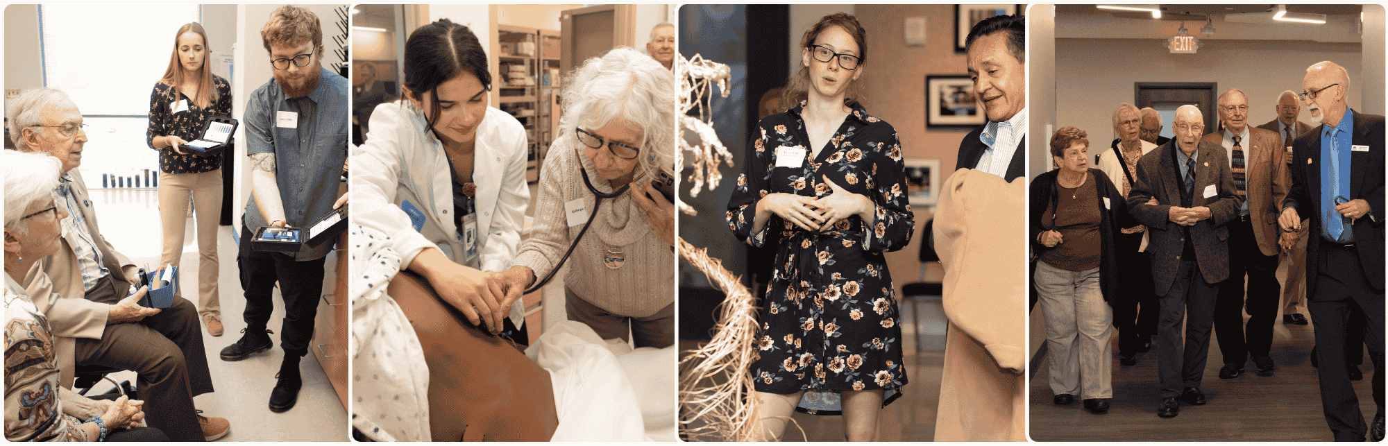1946 Society members interacting with students at art exhibits and nursing simulations