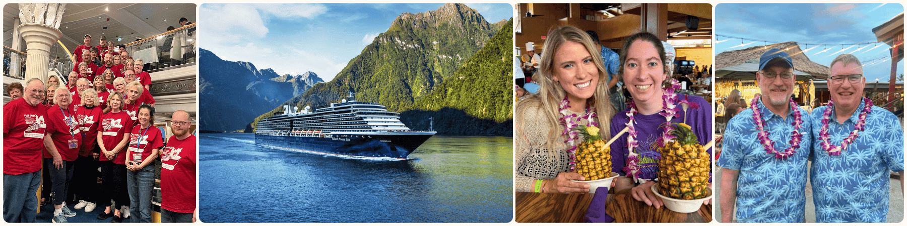 Photo collage of cruisers enjoying pineapple drinks, wearing leis, wearing matching shirts, and the Noordam ship sailing along the Alaskan coastline