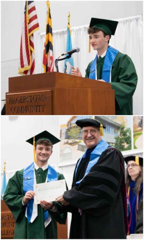 Jacob O'Neil delivering his speech at graduation and receiving his diploma from Dr. Kauber