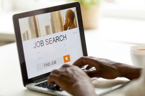 A person sitting at a laptop looking at a webpage with the title Job Search
