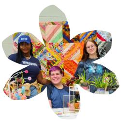 Flower shaped image of students in front of a colorful quilt and flowers at the 2024 HCC Flower & Garden Show